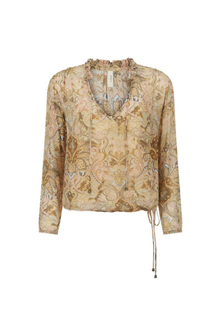 a-long-sleeve-blouse-with-a-beige-and-gold-paisley-pattern-featuring-a-split-v-neckline-with-tie-front-lacing-and-a-drawstring-detail-at-the-side-hem