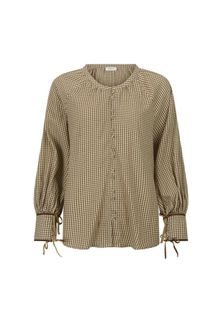 a-beige-and-brown-gingham-long-sleeve-blouse-with-a-round-neckline-button-up-front-and-tie-details-at-the-cuffs-shown-against-a-plain-white-background