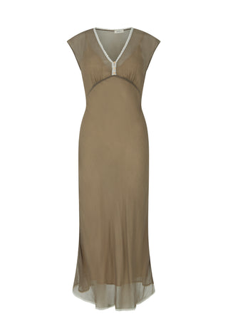 a-sleeveless-taupe-brown-midi-dress-with-a-v-neckline-and-a-thin-white-trim-accent-shown-against-a-plain-white-background