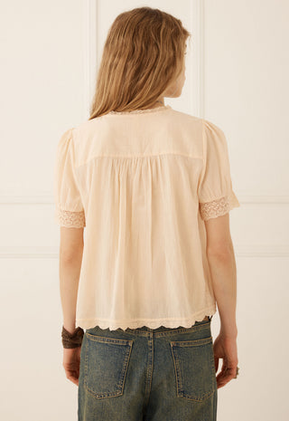 a-woman-viewed-from-behind-wearing-a-light-beige-short-sleeve-blouse-with-lace-trim-at-the-cuffs-and-a-scalloped-hem-paired-with-blue-jeans-against-a-white-paneled-wall