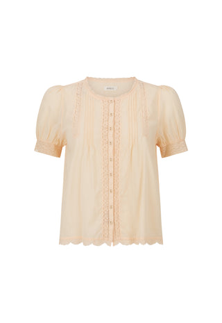 a-pale-peach-short-sleeve-blouse-with-puff-sleeves-a-round-neckline-and-vertical-lace-trim-with-a-button-placket-shown-on-a-plain-white-background